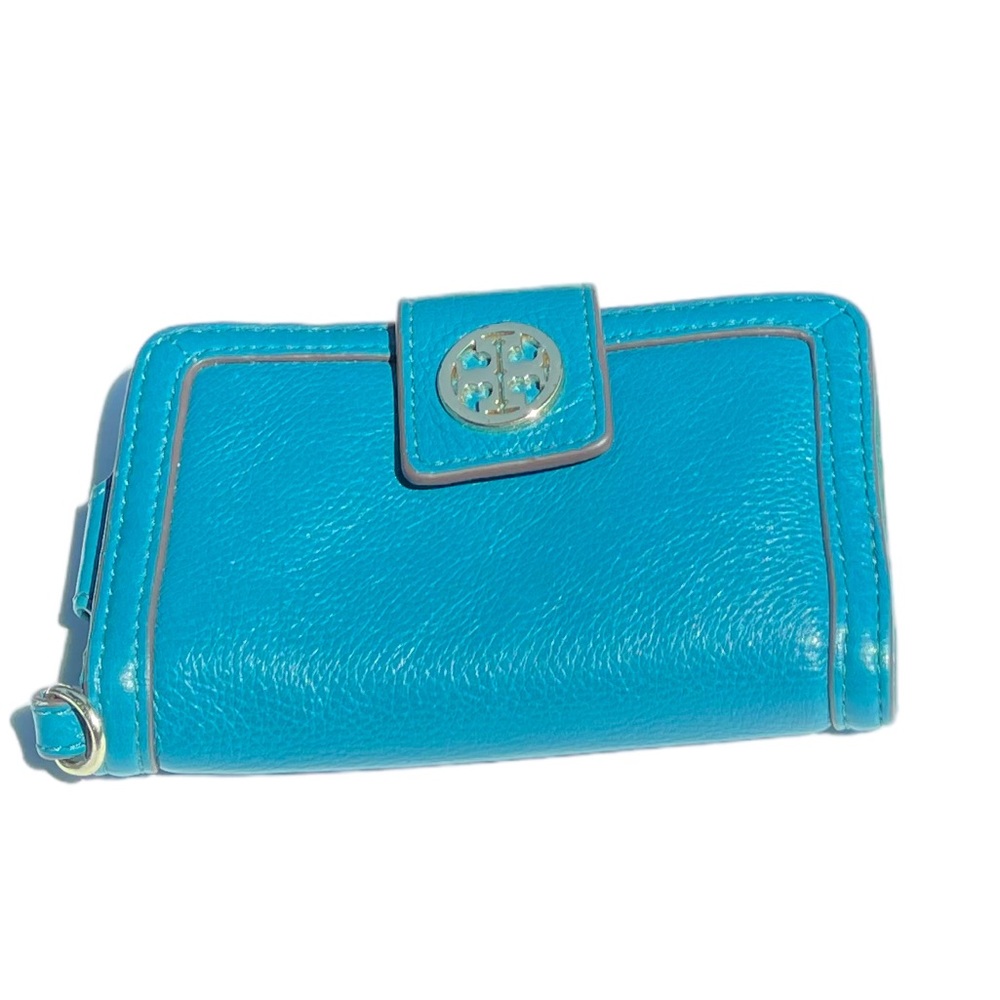 Tory Burch blue Amanda bifold wallet snap close credit card slots on inside